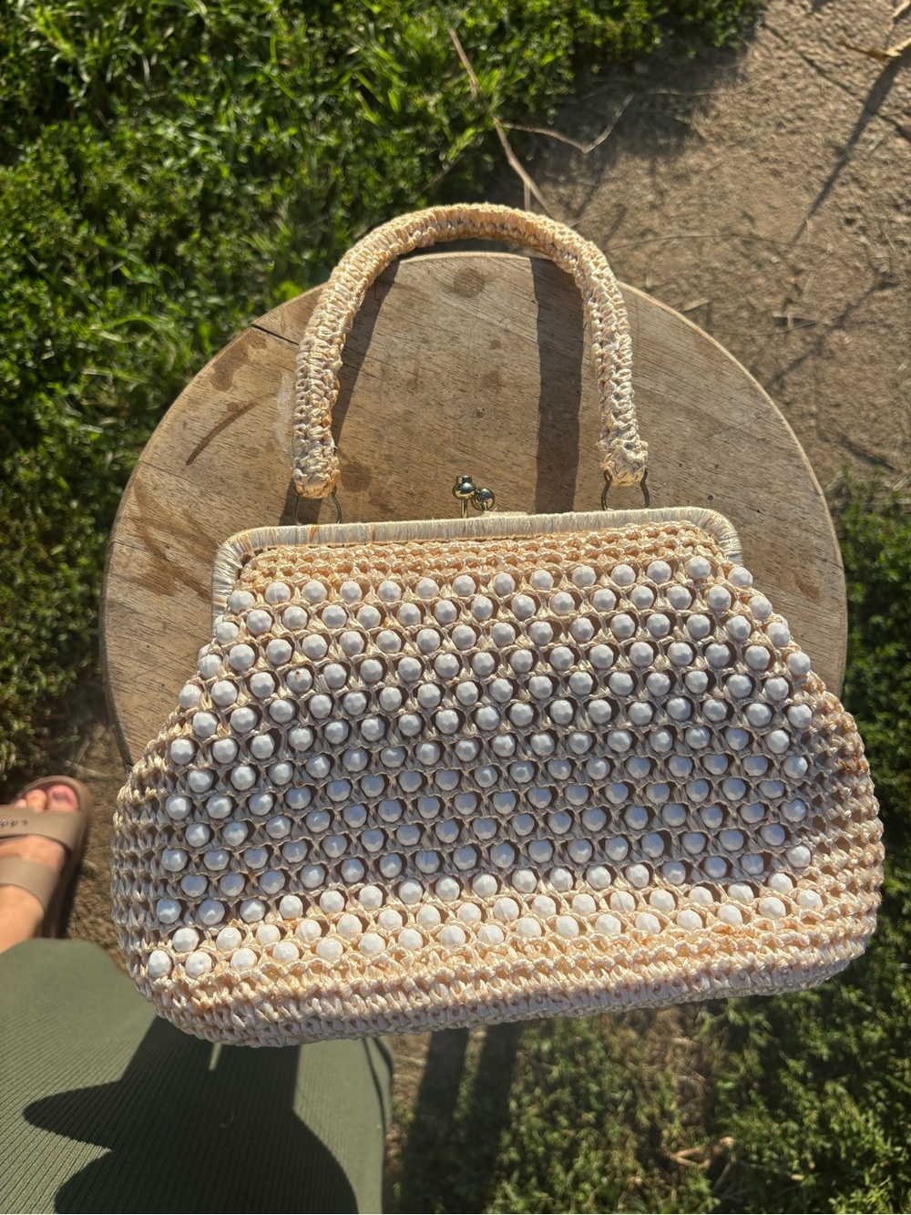 Vintage 1950s Handmade Beige Shell-Embellished Straw Top-Handle Bag-Made In Japa